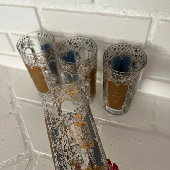 Vintage MCM 22 Karat Gold Rocks Glasses Blue Birdcage Set of 4 Georges Briard - Picture 7 of 14